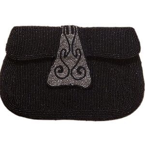 Beaded Evening Clutch Bag black and silver Vintage  Designer Holiday Christmas
